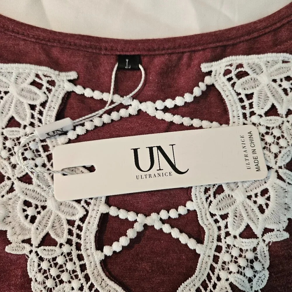 ULTRANICE Women's Top‎ Long Sleeve Front Lace around Neck L NWT